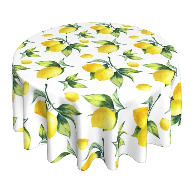 Lemon Tablecloth Round 60 Inches for Spring Summer Yellow Lemon Table Cloth Polyester Anti-Wrinkle Washable Circle Table Cover