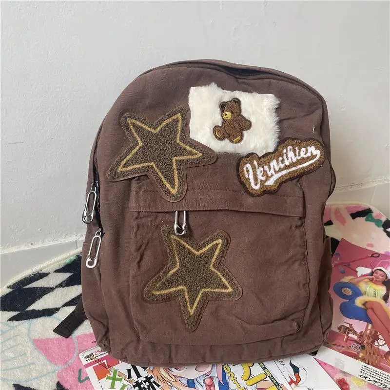 

Japanese Vintage Star Kawaii Bear Patchwork Aesthetic Women Backpacks Y2k Preppy Students Schoolbag Casual All Match Mochilas