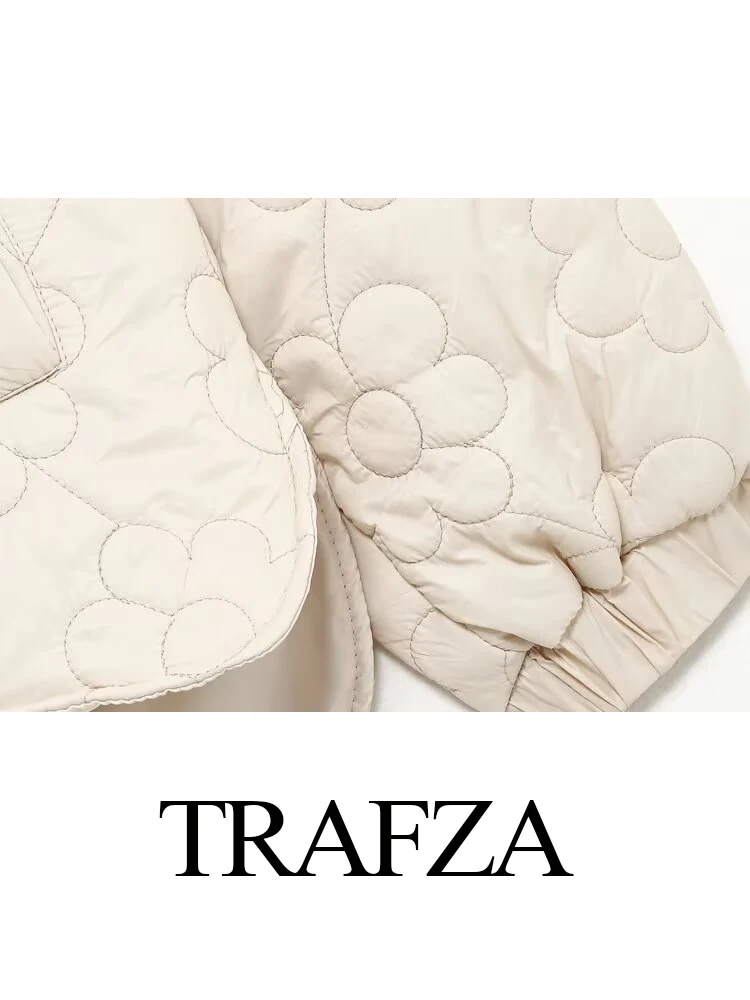 TRAFZA Women's Winter Fashion Padded Floral Printed Cotton Coat Female Elegant Versatile Warm Hidden Button Long Sleeve Jacket