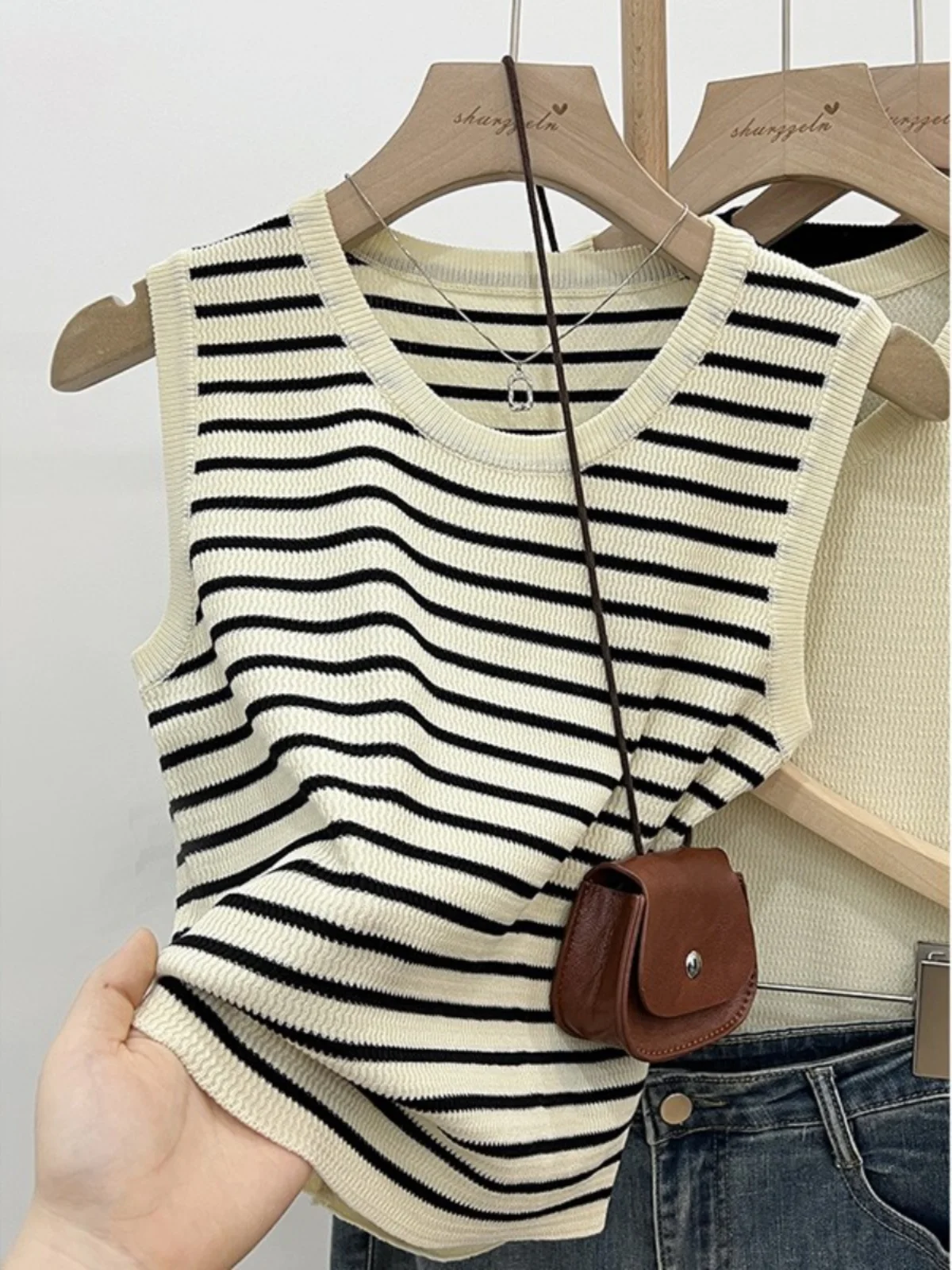 French sle Knitted Stripes Cami Women Inner wear Summer Outer Wear Plus size Chubby Girl Wide Sleeveless Ice Silk Base...