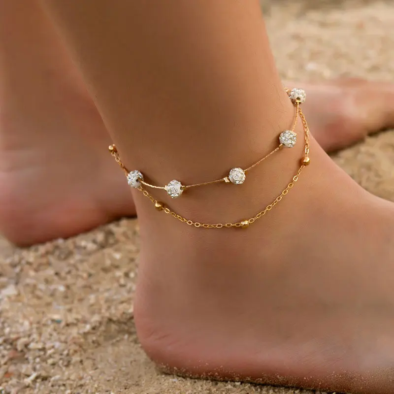 

Trendy Jewelry Shambhala Diamond Ball Female Anklets New Double-Decker Beach Anklet On Foot Ankle Bracelets For Women Leg Chain