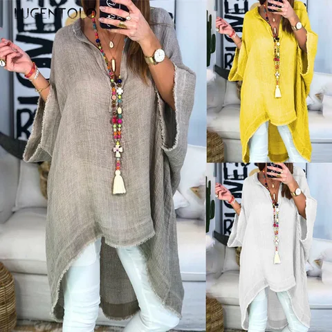 Lugentolo Plus Size Blouses Women Linen Loose V-Neck Solid Three Quarter Casual Irregular Hem Womens Tops and Blouses