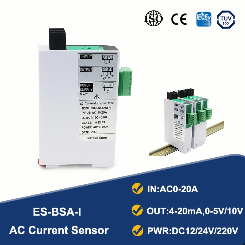 AC Current Transmitter Sensor 1A 10A 20A Input 4-20mA 0-5v 0-10V Output AC Current Transmitter DC 24V/220V Power Supply