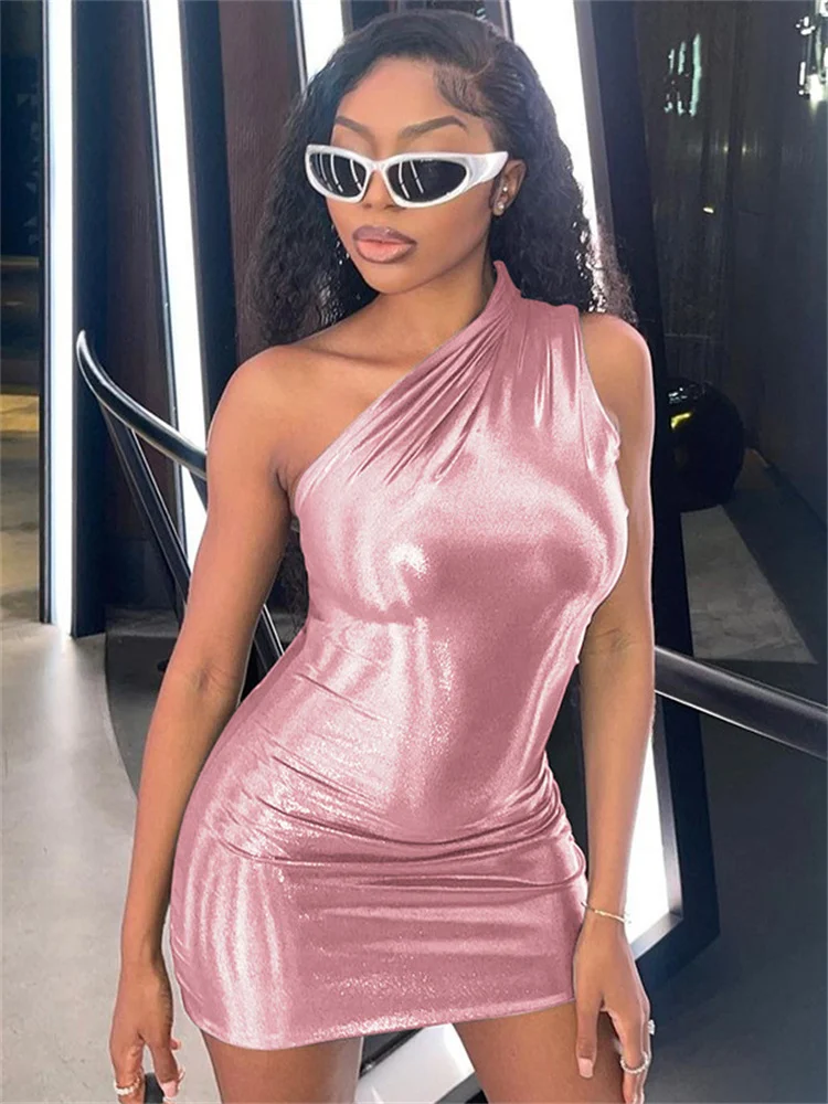 

WJFZQM One Shoulder Sleeveless Backless Bodycon Pu Faux Leather Mini Dresses Women Sexy Party Club Streetwear Birthday Dress