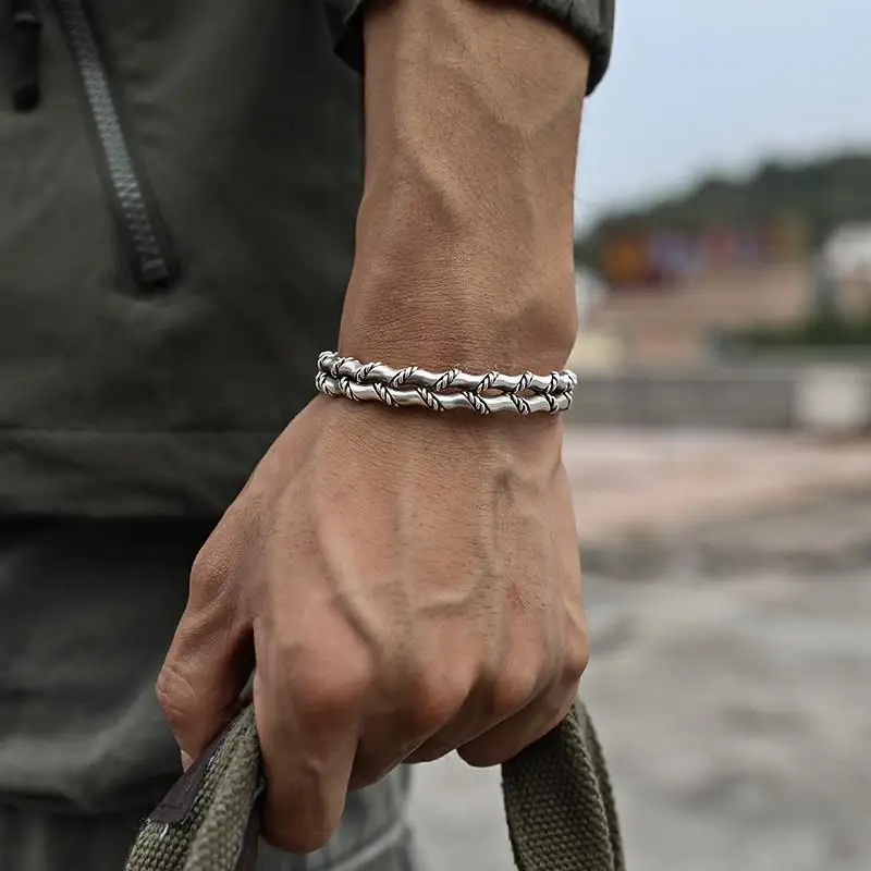 

Новинка, двухслойный мужской браслет ручной работы, Серебряный Открытый браслет в ретро стиле, серебряный браслет для мужчин