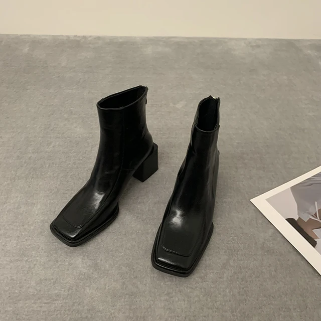 Женские ботильоны с квадратным носком, короткие ботинки на высоком  устойчивом каблуке, зимняя обувь, Осень-зима 2024 | AliExpress