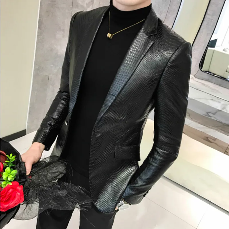 Men Suit Black Slim Fit Blazer Hombre PU Leather Jacket Male One Button Business Casual Prom Korean Suit Coat