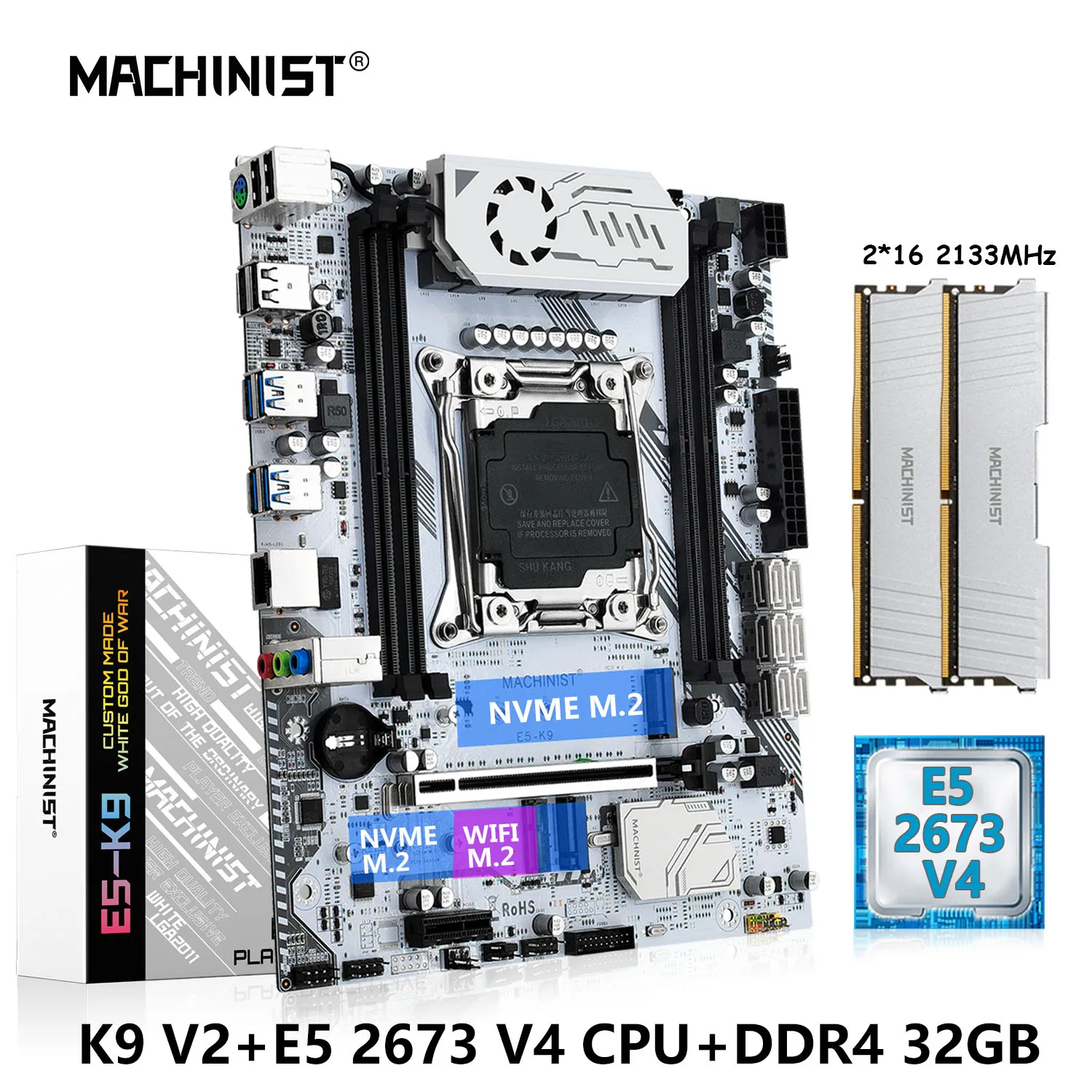 

MACHINIST K9 X99 Motherboard Combo LGA 2011-3 E5 2673 V4 kit Xeon CPU DDR4 32GB RAM 2133MHz Memory NVME M.2 USB 3.0 Four Channel