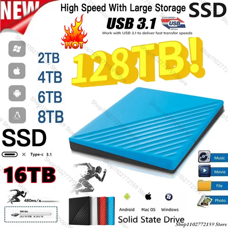 

128TB Original SSD Portable External Solid State Hard Drive 16TB 8TB 4TB USB3.0 Interface HDD Mobile Hard Drive For Laptop/mac