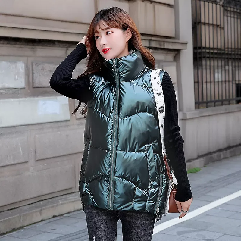 

2022New Shiny Autumn Winter Puffer Vest Solid Casual Ladies Sleeveless Jacket Zipper Stand Collar Waistcoat for Female