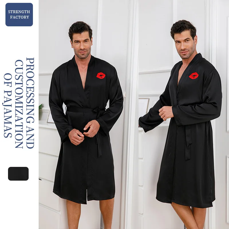 Men Robe Print Lip Nightgown Sleepdress Long Sleeve Cardigan Bathrobe Pajamas Casual Loose Lounge Nightwear Sleepwear Kimono