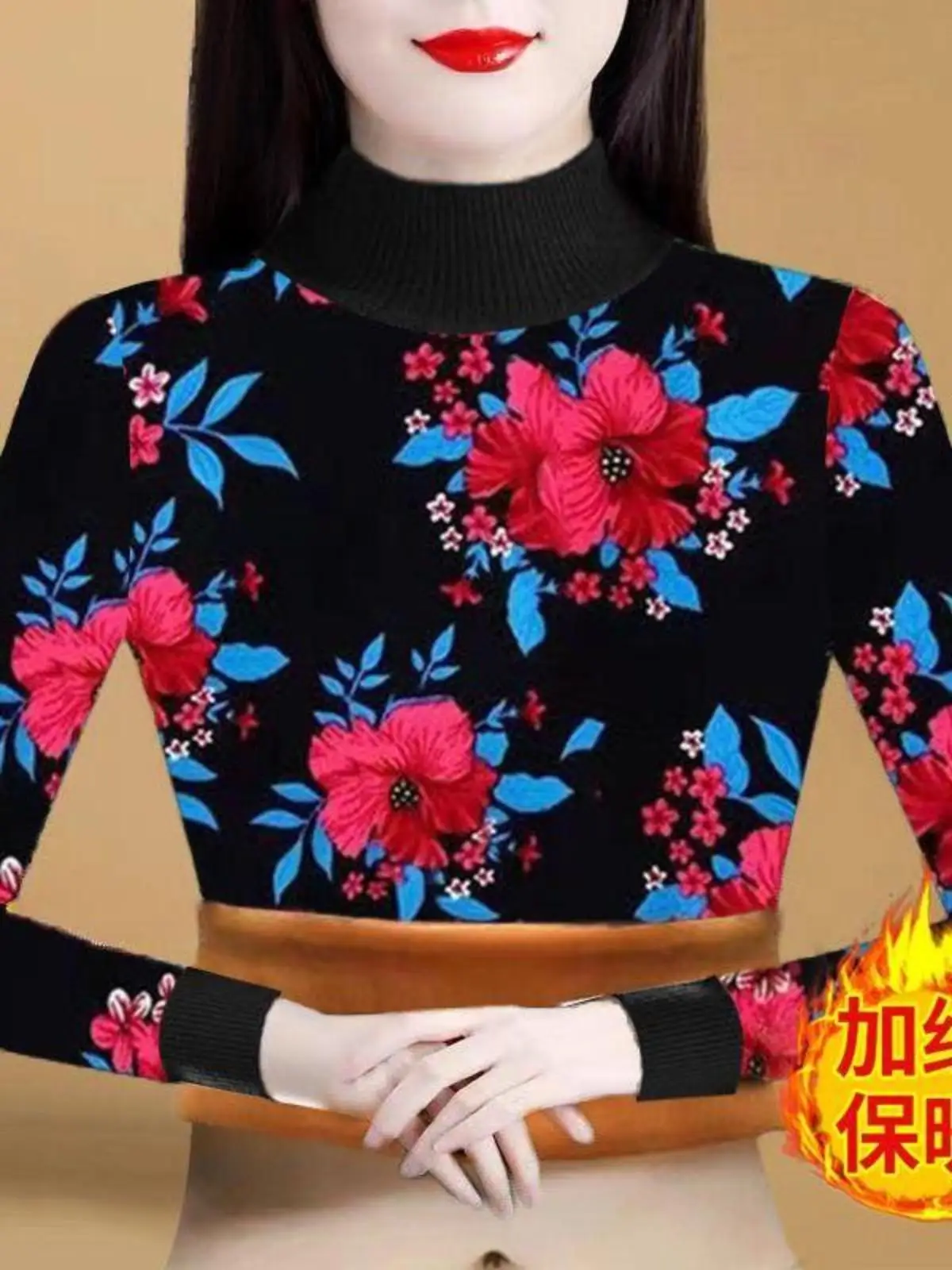 Middle-Aged and Elderly Autumn Winter New Fleece-lined Thickened Half-high Collar Bottoming Shirt Loose Middle-aged Women...