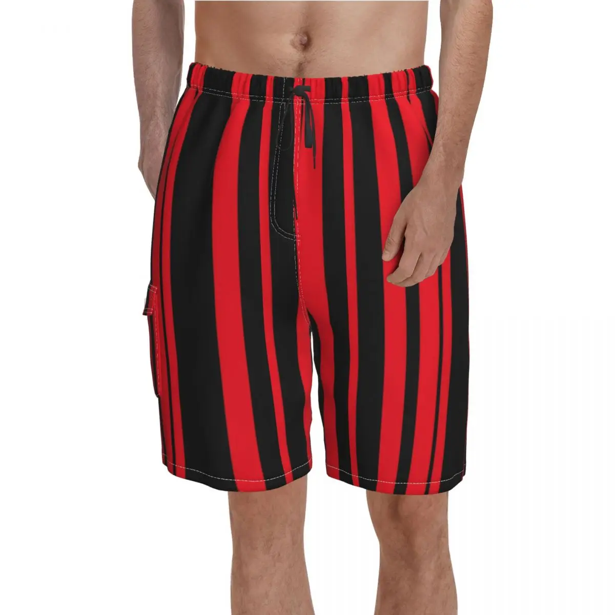 

Двухцветные пляжные шорты, черные и красные полосатые короткие брюки, купальные шорты с эластичным поясом и рисунком