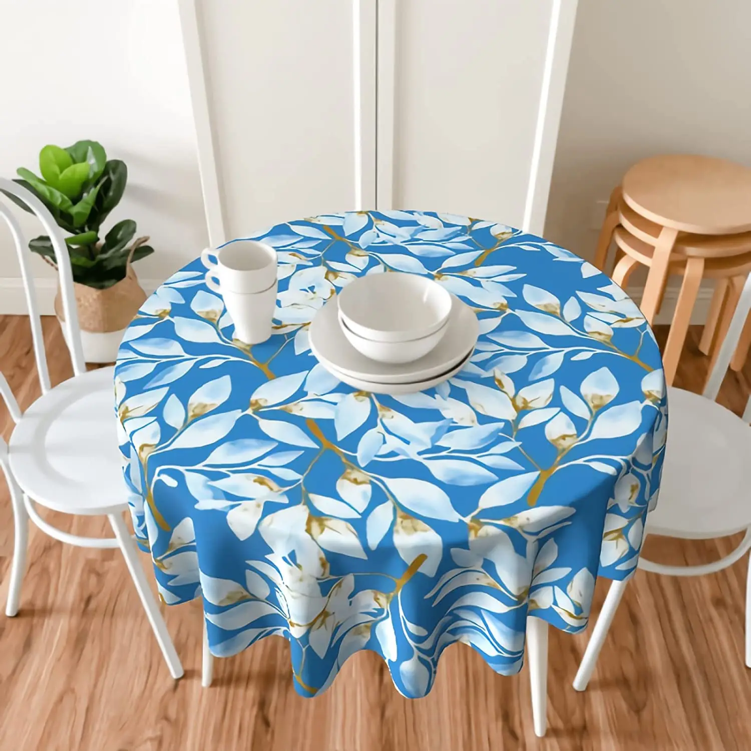 

Blue Leaves Watercolor Tablecloth Round 60 Inch Table Cover Wrinkle-Resistant Waterproof for Home Picnic Outdoor Table Cloth