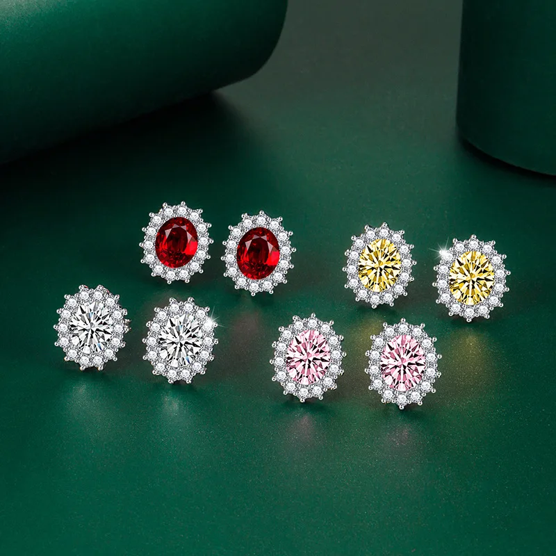 

2021 New Retro Hong Kong Style Oval Earrings European and American Ruby Earrings Small Colorful Treasure Pink Diamond Earrings