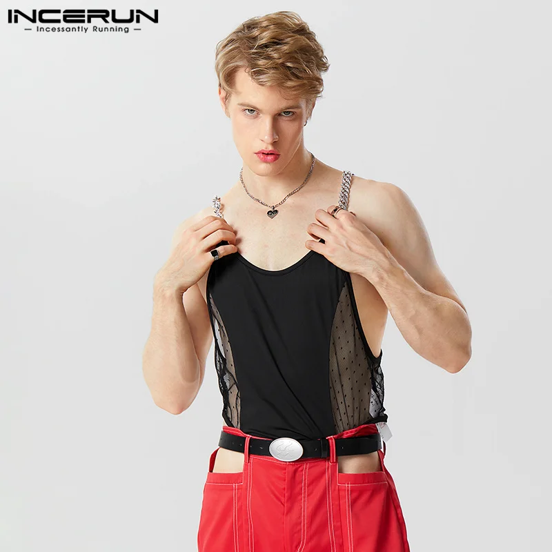 

2023 Men Bodysuits Mesh Patchwork Transparent O-neck Chain Sleeveless Rompers Male Tank Tops Fitness Sexy Bodysuit S-5XL INCERUN