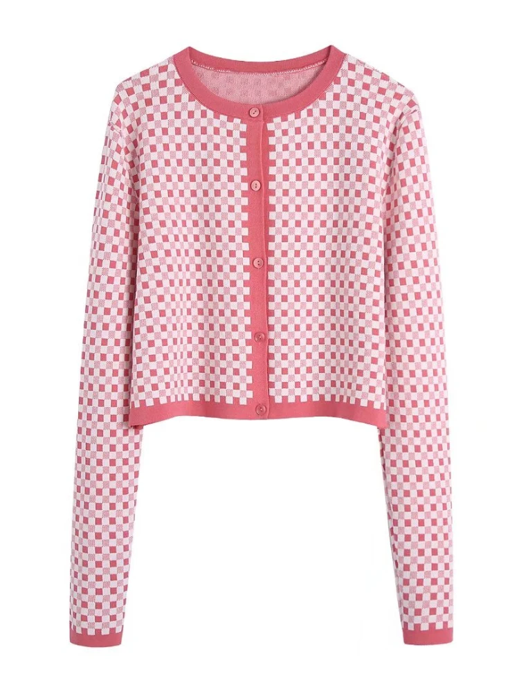 

BBWM 2022 New Spring Plaid Knitted Women Sweaters Slim Cardigans Fashion Vintage Female Long Sleeves Sweater Casual Chic