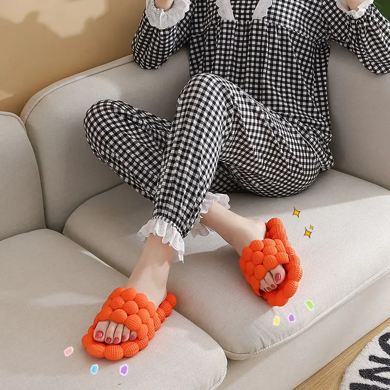 Woman's Slippers Summer New 2023 Sandals Woman Cloud Indoor House Low Home Smiley Face Cute Flat Bubble Slides with Charms Beach