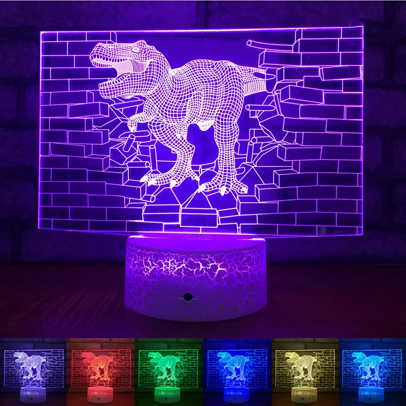 

New Home 3D Dinosaur Creative LED Color Changing Night Light USB Powered Bedside Lamp Crack Base 16 Colors Remote Control