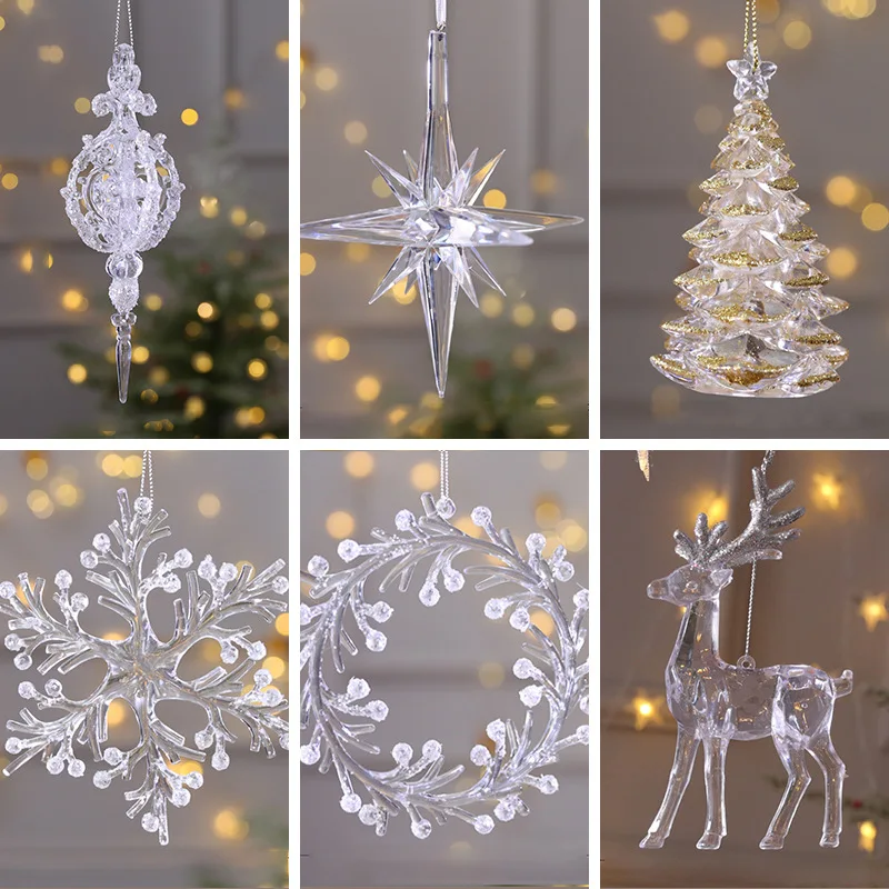 

15cm Christmas Snowflake Piece Xmas Tree Pendants Noel Crystal Deer Wreath Hanging Ornaments Merry Christma Decor For Home 2023