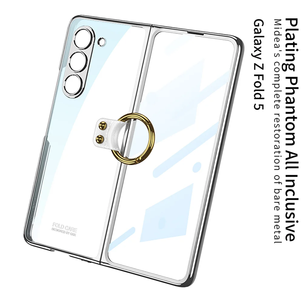 Luxury Plating Transparent Case for Samsung Galaxy Z Fold5 Case with Ring Clear Shockproof Shell for Samsung Z Fold 5 Case