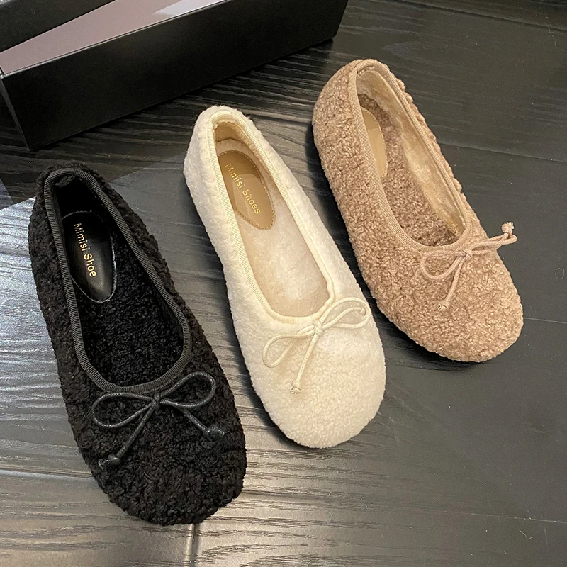 

Warm Furry Women Home Cotton Shoes Ladies Fur 2022 Indoor Round Toe Outside Butterfly-Knot Fashion Female Mary Janes Flats