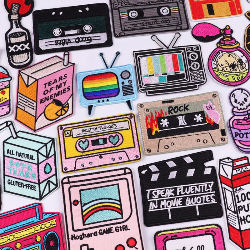 

Cartoon Tape TV Embroidery Patch Bottle Patch For Clothing Thermoadhesive Patches On Clothes Letter Stickers Iron On Patches DIY