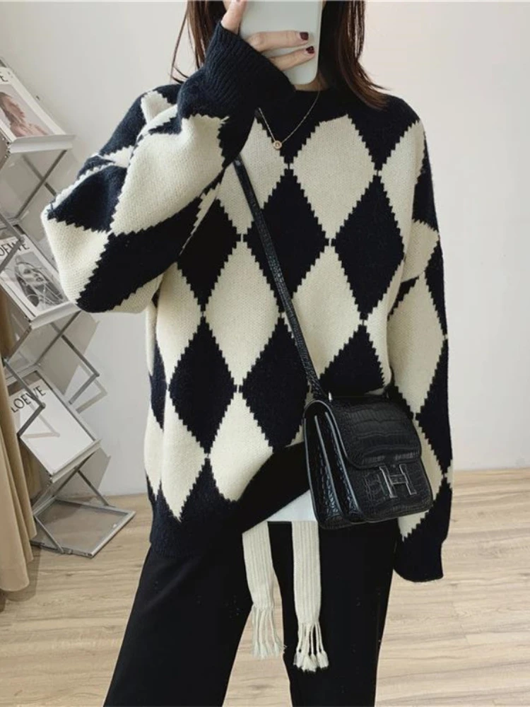 Модный женский свитер новинка сезона осень-зима 2023 ромбовидный Вязаный топ в