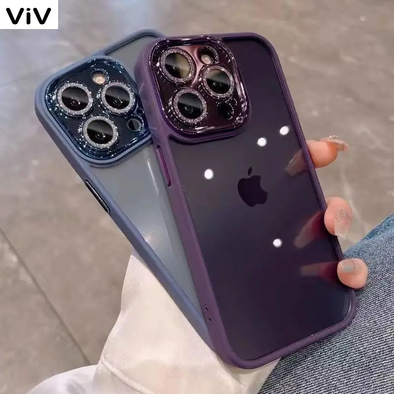 

Glitter Diamond Lens Protection Transparent Case For iPhone 15 14 13 12 11 Pro Max 15 Plus Shockproof Bumper Hard Acrylic Cover