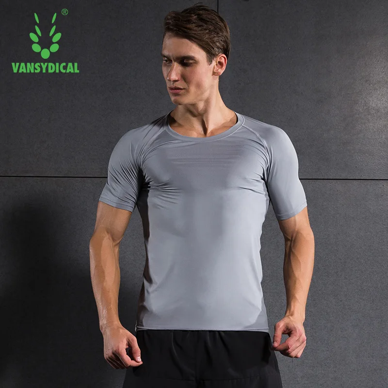 

VANSYDICAL Compression Running Shirt Men Soild Short Sleeve Sportswear for Male Gym Clothing Fitness Training Workout Muscle Top