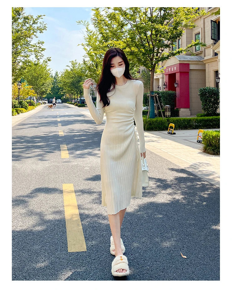 new spring and winter fashion casual brand young female women girls long sleeve stretch kintting dress
