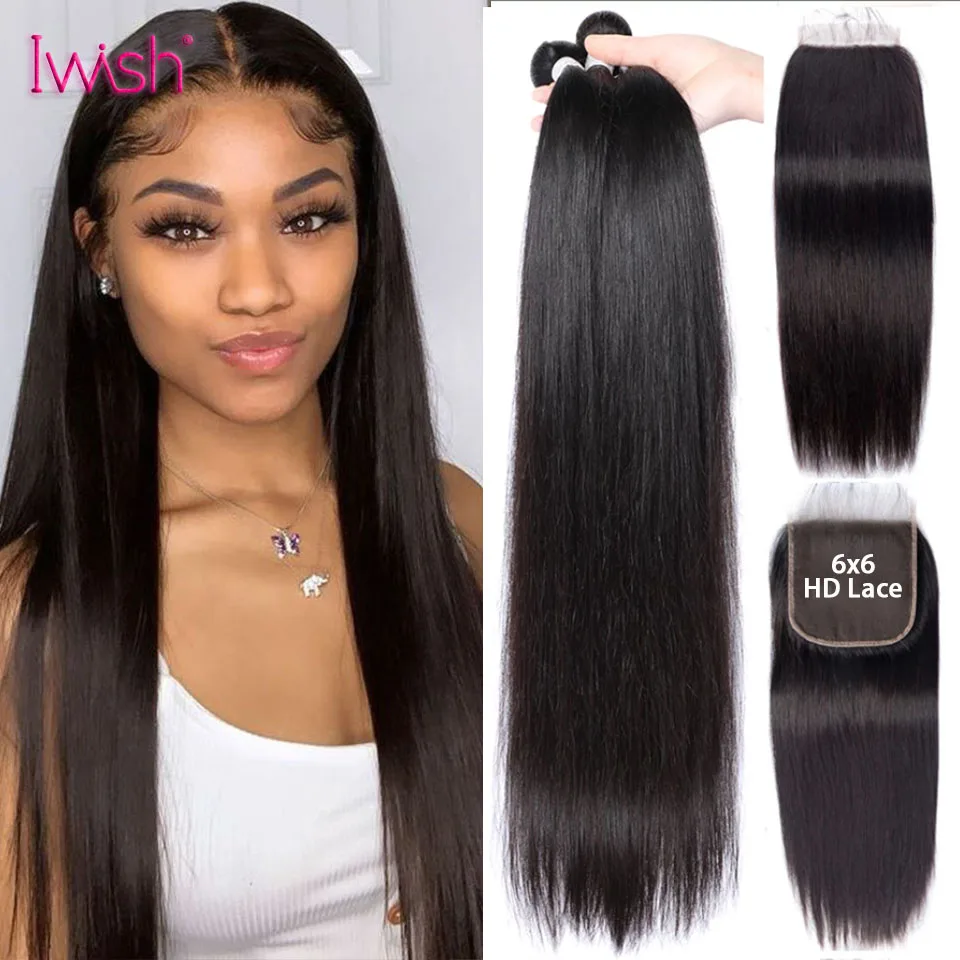 

Straight 6x6 Human Hair 3 Bundles With Closure Human Hair Extensions Bundles With Frontal 4x4 5x5 HD Lace Closure Brazilian Remy