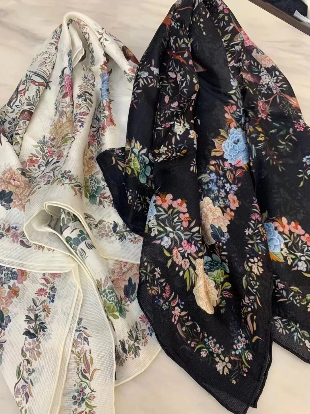

BYSIFA|White Women's Silk Scarf Shawl New Fashion Floral Square Scarves Winter Brand 100% Pure Silk Scarf Cape Foulard 110*110cm