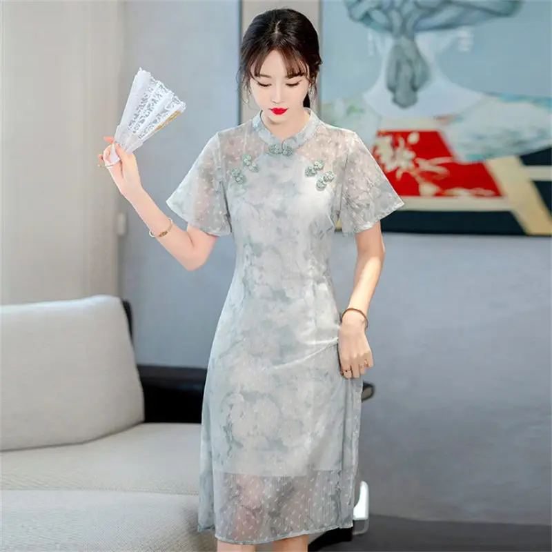 

Elegant Stand Collar Floral Women Qipao 2022 Summer New Chinese Style Young Girl Retro Temperament Cheongsam Lace Dress h1146