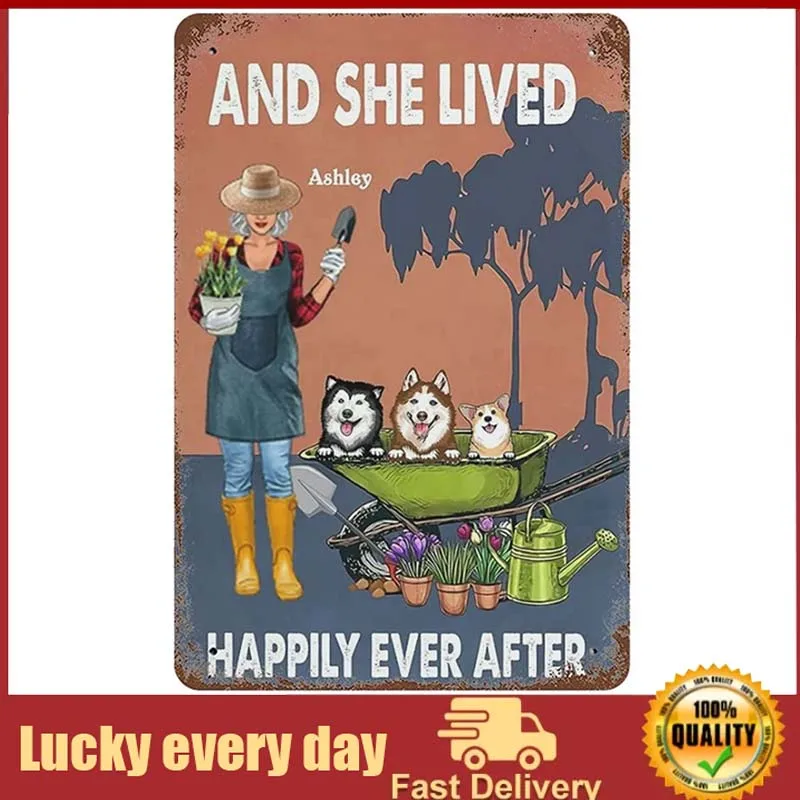 

Dogs And Gardening Girl Dog Lovers Gift Love Dog Art Vintage Dog Garden Tin Sign Decoration Vintage Chic Metal Poster Wall Decor