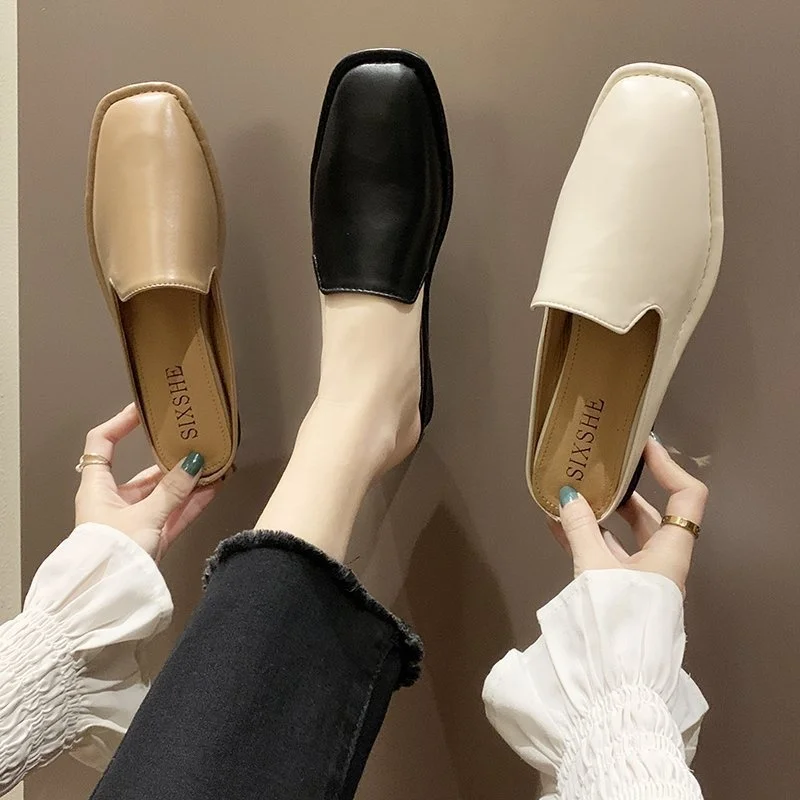 

Shoes Cover Toe Ladies' Slippers Loafers Slipers Women 2021 Flat Slides Basic Rome Rubber PU Fabric Cover Toe Loafers Flat Shoes