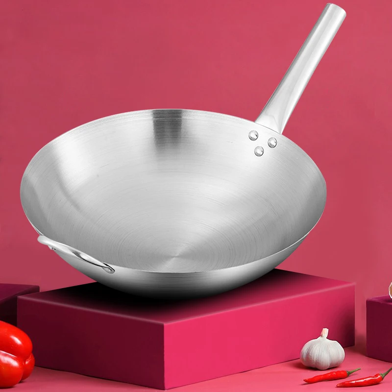 

Stainless Steel Wok Round Bottom wok pan With Ears Uncoated Omelette pan Kitchen Cooking pan Gas stove general
