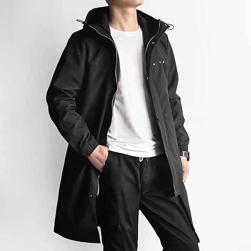 

Plus Size Men's Long Trench Coat New Spring Autumn Black Grey Windbreaker Men Hooded Jacket Casual Outfits 6XL 7XL 8XL