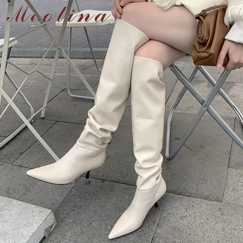 

Meotina Pleated Real Leather High Heel Long Boots Women Shoes Pointed Toe Stiletto Heels Knee-High Boots Autumn Winter Beige 43