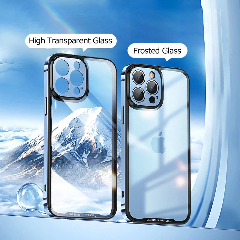 Luxury Metal Phone Cases For iPhone 12 13 Pro Max Stainless Steel Frame Transparent Matte Glass Back Cover Metal Lens Protection
