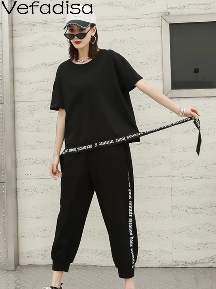 

Vefadisa 2023 Summer Short Sleeve Round Neck T-shirt Loose Webbing Splicing Letter Temperament Cotton T-shirt Women's LHX4370