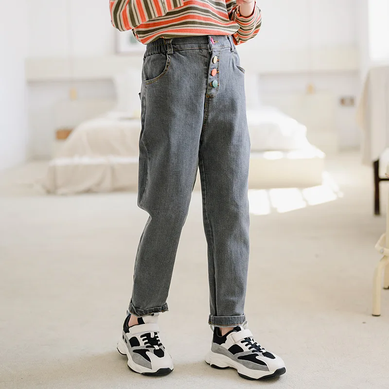 

2022 Spring New Arrival Girls Jeans Fashion Personality Baby Girls Trousers Mid Elastic Waist Loose Kids Pants for Girls A560