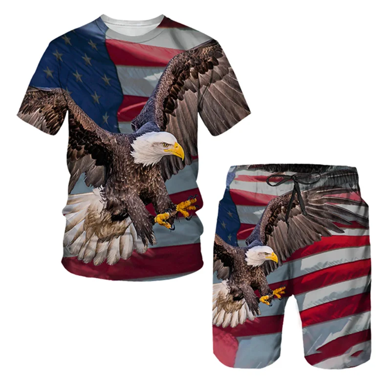 Fashion 3D Eagle Pattern T Shirt For Men Shorts 2 Piece Outfit Trend Harajuku Children Tees Casual O-neck Short Sleeve Loose Top