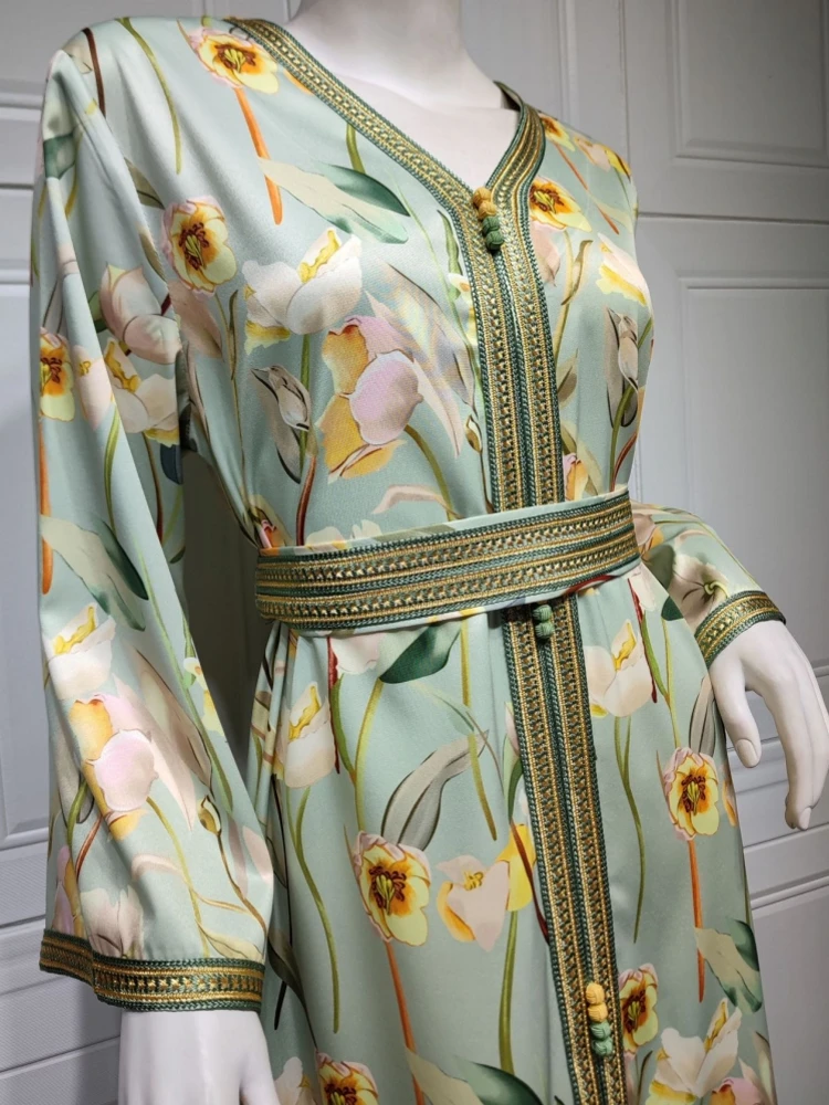 Jalabiyas Ramadan 2023 Kuwaiti Elegant Casual Ladies Dresses V-Neck Lace Tape Belted Kaftan French Retro Floral Print Maxi Dress