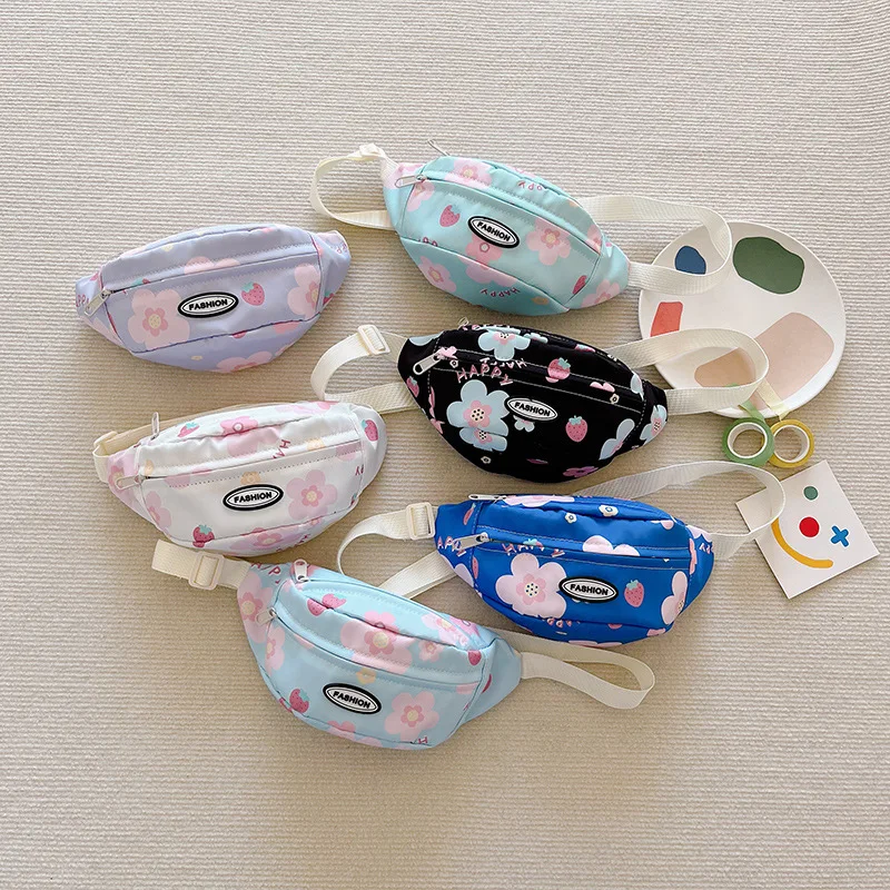 

2023 Summer Nylon Girls Messenger Bag Flower Print Children Waist Shoulder Bags Outdoor Kids Chest Bag Mini Coin Purse