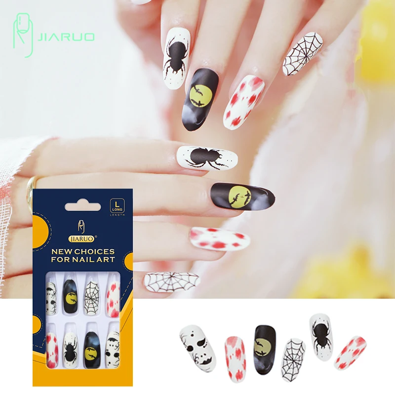 

JIARUO 24PCS/BOX Long Almond Press on Nails Y2k Black Design Nail Fake Full Cover Nail Halloween Press on Nail Tips Round Nails