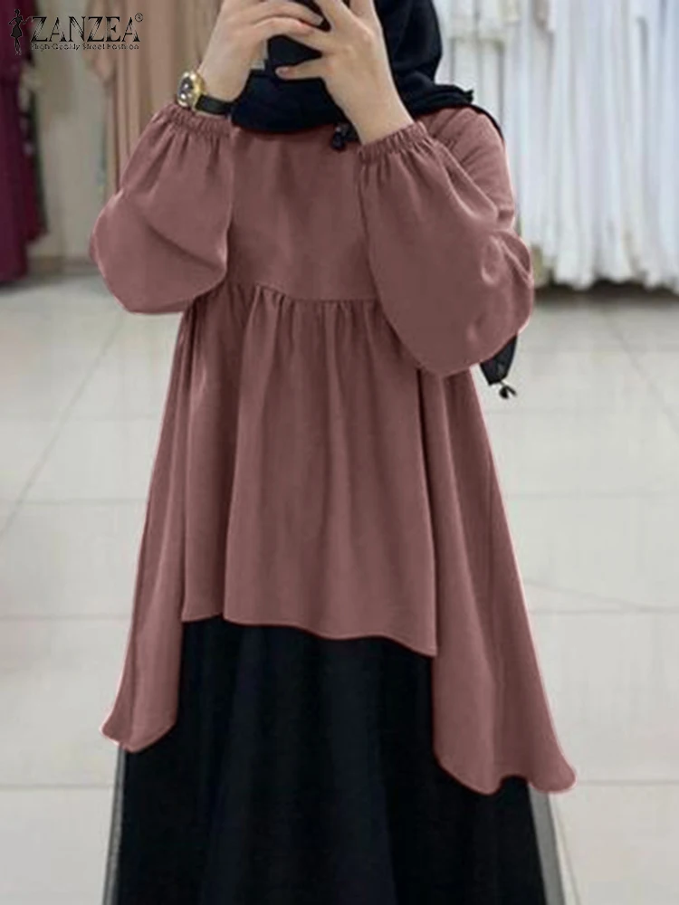 

ZANZEA Woman Casual Ruffles Muslim Blouse Fashion Solid Color Tops Elegant Holiday Chemise Ramadan Islamic Clothing Abaya Kaftan