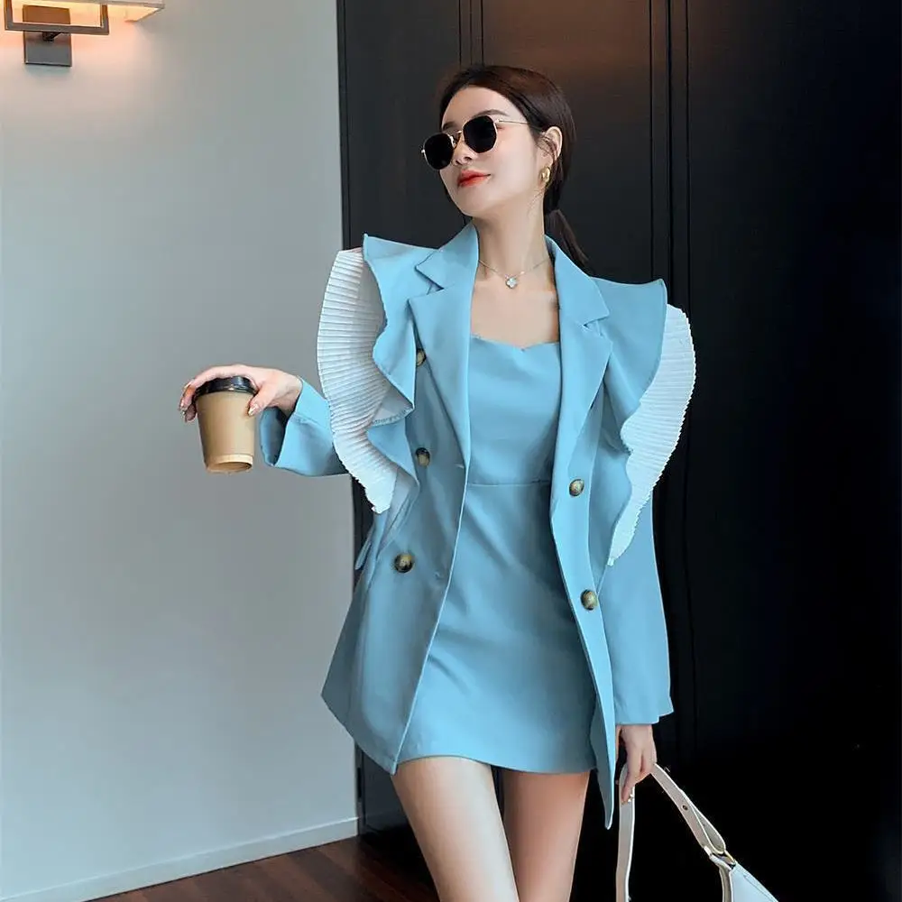 

ZCSMLL Two-piece Suit Women 2021 Fall Winter Split Ruffled Jacket Bow Knot Dew Backpack Hip Sling Short Skirt Korean Blue Set