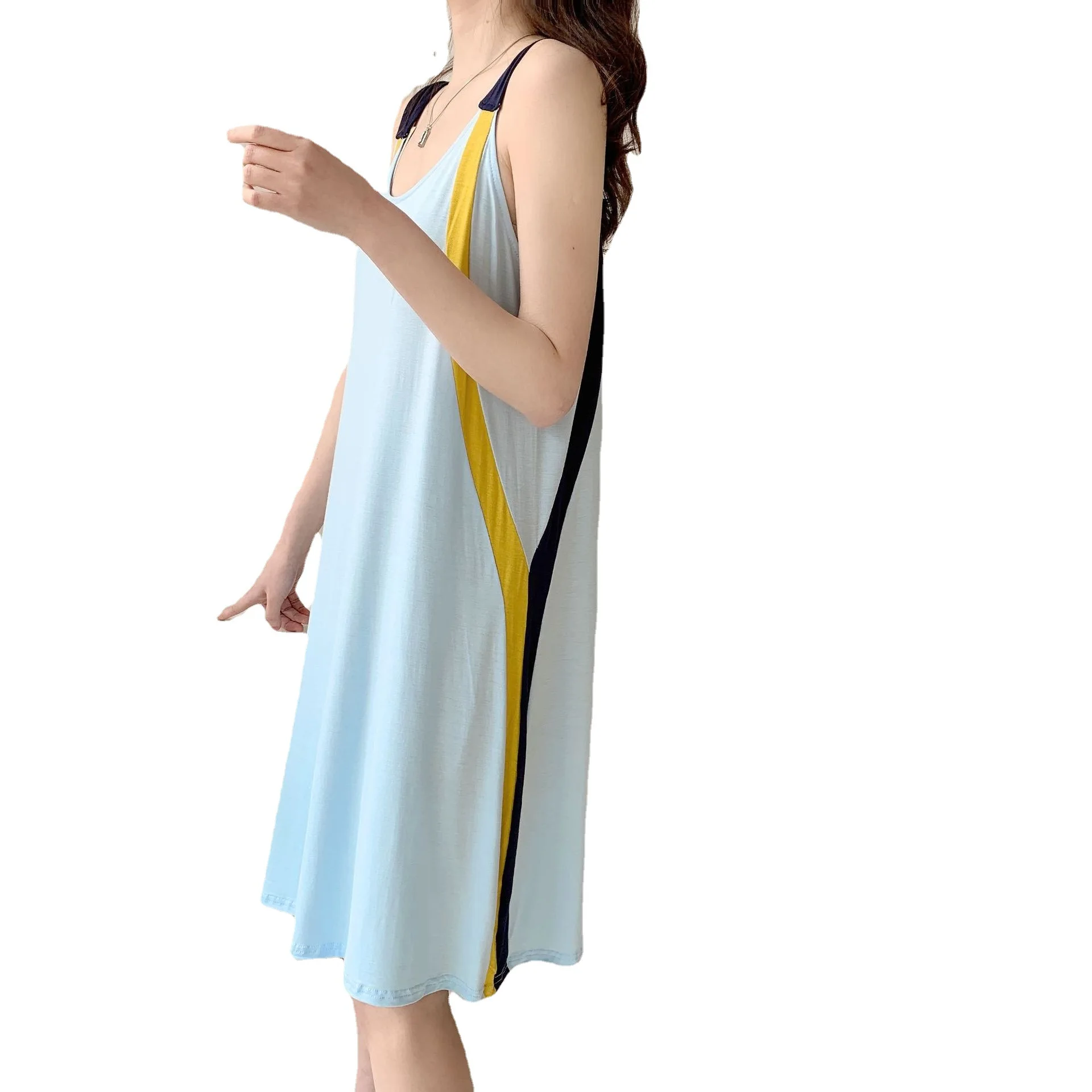 2023 new spring summer women's Spliced into color fashion sundress summer new sleeveless dress code household sweet nightgown