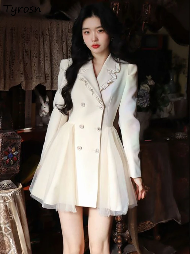 

Dresses Women Sweet Simple Elegant Tender Princess Design Notched Long Sleeve Spring Empire Korean Style Leisure Stylish Girls